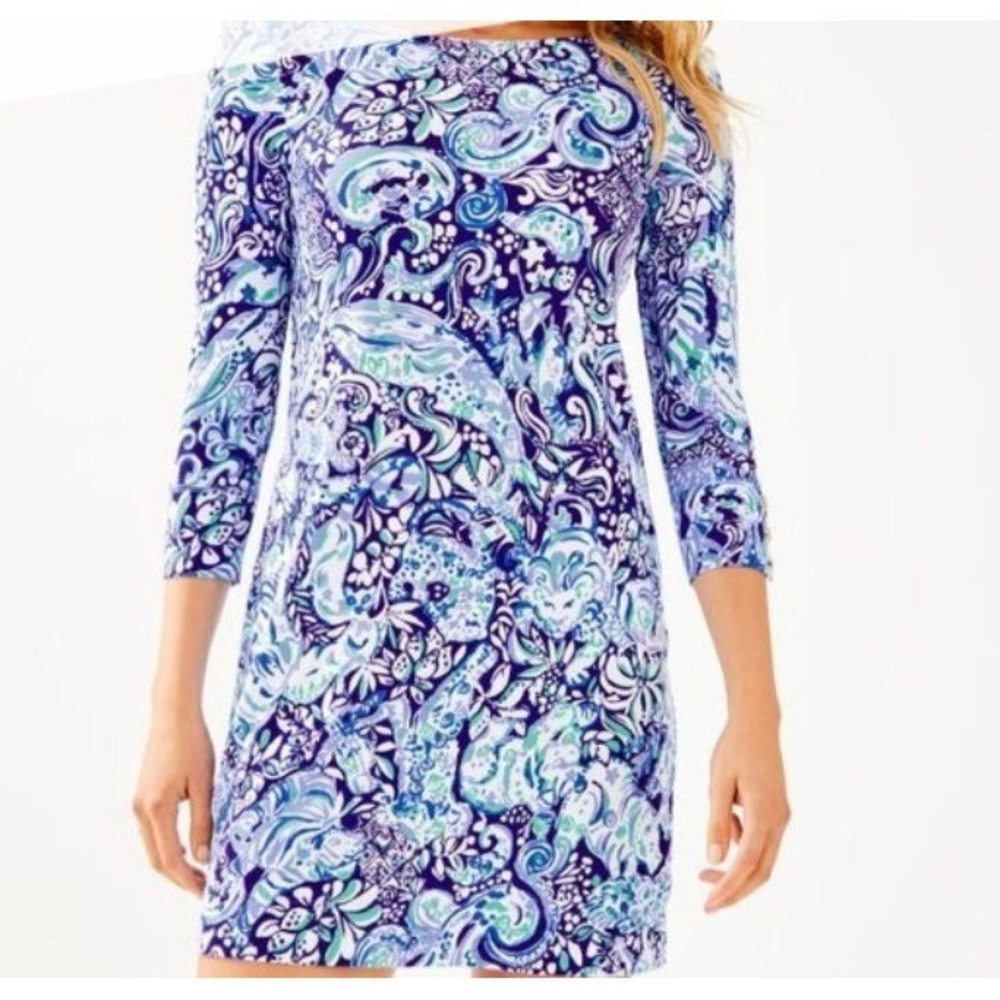 Lilly Pulitzer Sophie Dress 60 animals Women's Blue White Print 3/4‎ Sleeve Sz L